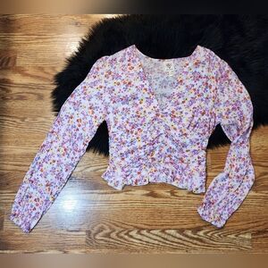 Floral Long Sleeve Smocked Crop V-Neck Blouse Juniors Size L